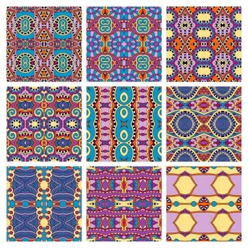 Set of different seamless colored vintage geometric pattern, tex Stock Illustration