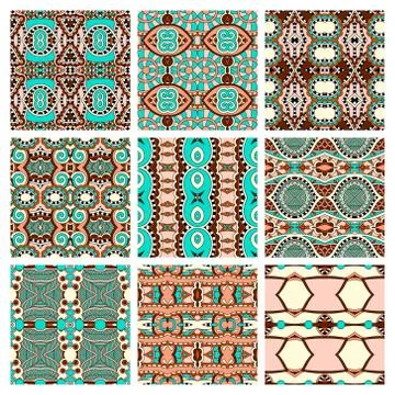 Set of different seamless colored vintage geometric pattern, tex Stock Illustration