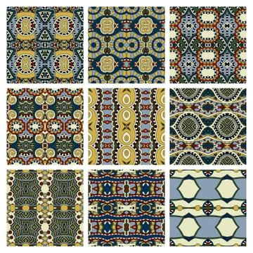 Set of different seamless colored vintage geometric pattern, tex Stock Illustration