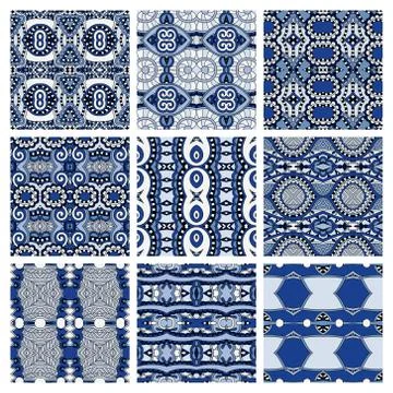 Set of different seamless colored vintage geometric pattern, tex Stock Illustration