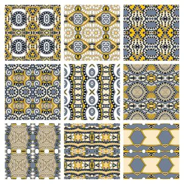 Set of different seamless colored vintage geometric pattern, tex Stock-Illustration