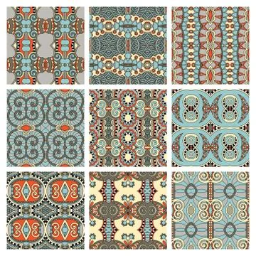 Set of different seamless colored vintage geometric pattern, tex Stock-Illustration