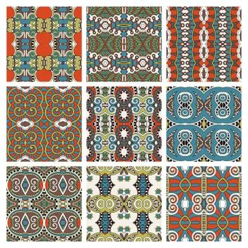 Set of different seamless colored vintage geometric pattern, tex Stock-Illustration