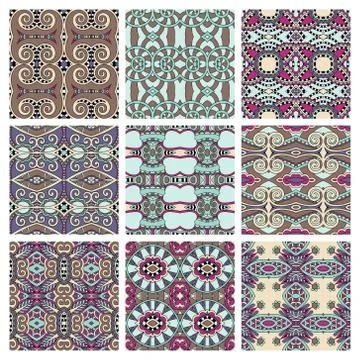 Set of different seamless colored vintage geometric pattern, tex Stock-Illustration