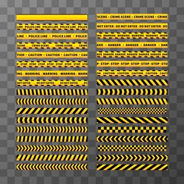 Set of different seamless yellow and black caution tapes on transparent Stock Illustration