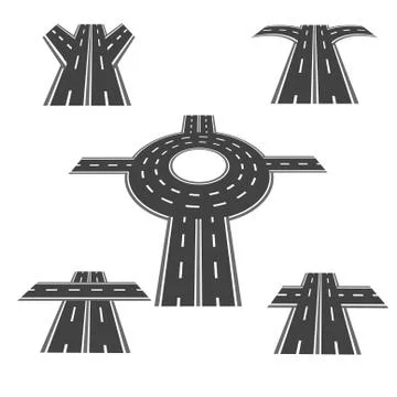 Set of different sections of the road with roundabout intersections, and a .. Stock Illustration