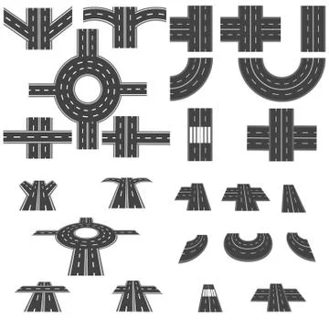 Set of different sections of the road with roundabouts, junctions, bends an.. Stock Illustration