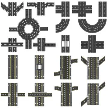 Set of different sections of the road with roundabouts, junctions, bends an.. Stock Illustration
