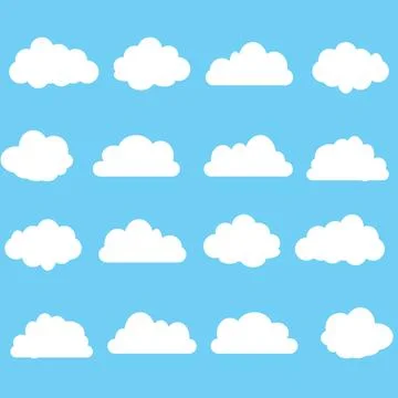 Set of Different shape cartoon white clouds on blue background. Stock Illustration