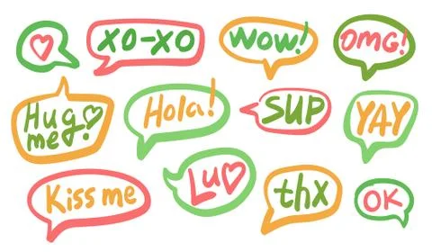 Set of different shape colorful speech bubbles with text isolated for posters Stock Illustration