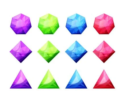 Set of different shaped crystals, gemstones, diamonds. Detailed colorful gems Stock Illustration