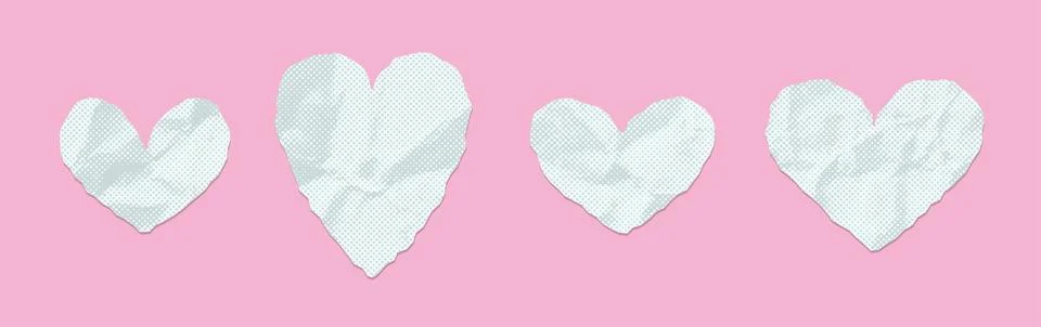 Set of different shaped white hearts of torn out crumpled paper. Cut hearts in Stock-Illustration