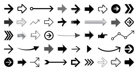 Set of different shapes black and white arrows. Collection of arrow vector ic Stock Illustration