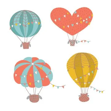 Set of different shapes cute hot air balloon. Collection of isolated flat Stock Illustration