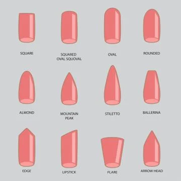 Set of different shapes of nails on gray. Nail shape icons. Manicure polish. Illustration