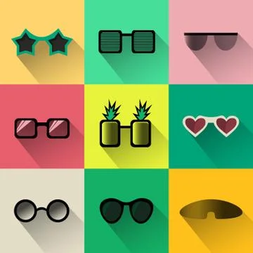 Set of different shapes sunglasses simple icons with long shadows. Modern fla Stock Illustration