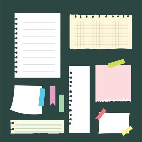 Set of Different sheets of note papers and color paper on green background. Stock Illustration