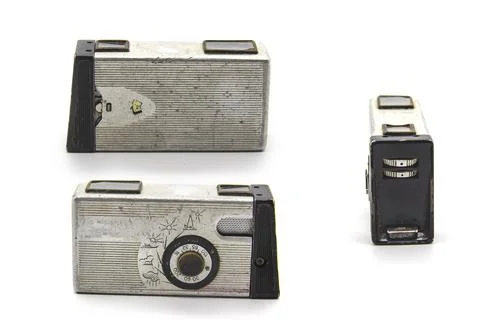 Set of different sides of old camera. Vintage old photo camera on the white b Stock Photos