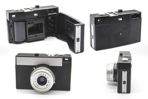 Set of different sides of old camera. Vintage old photo camera on the white b Stock Photos