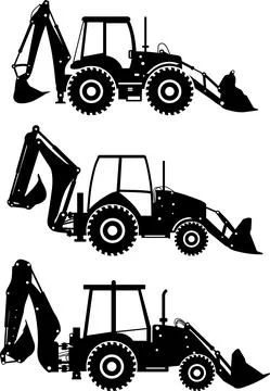 Set of different silhouettes backhoe loaders isolated on white background. Stock Illustration