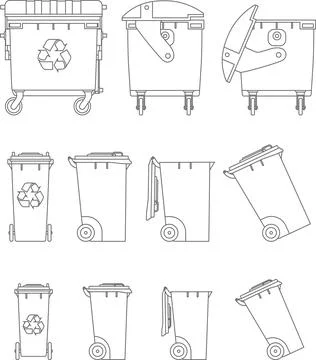 Set of different silhouettes dumpsters linear vector icons Illustrazione stock