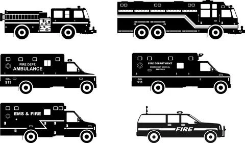 Set of different silhouettes fire trucks and ambulance cars. Vector Illustrazione stock