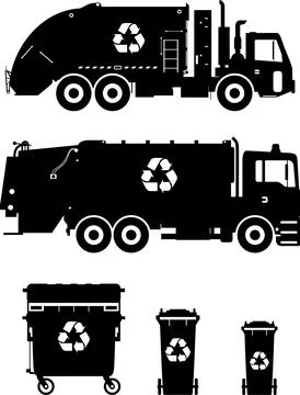 Set of different silhouettes garbage trucks and dumpsters. Vector Stock Illustration