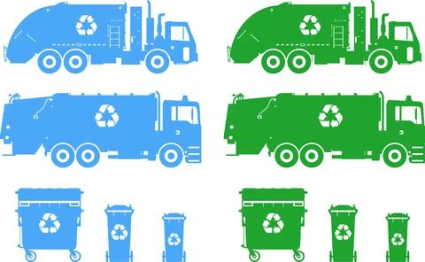 Set of different silhouettes garbage trucks and dumpsters. Vector Illustrazione stock