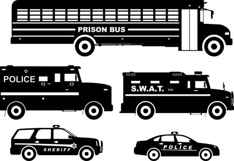 Set of different silhouettes prison bus and police cars in a flat style. Illustrazione stock