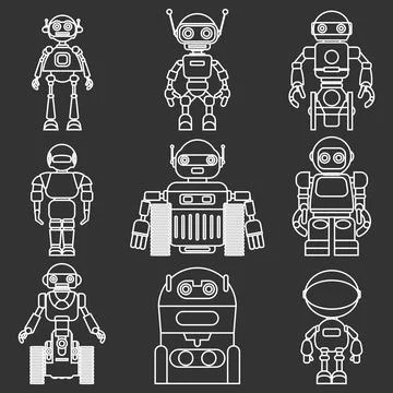 Set of different silhouettes robots flat linear vector icons Illustrazione stock