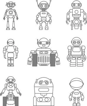Set of different silhouettes robots flat linear vector icons Stock Illustration