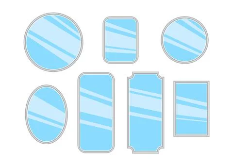 Set of different silver cartoon mirrors with reflection in minimalist style Stock Illustration