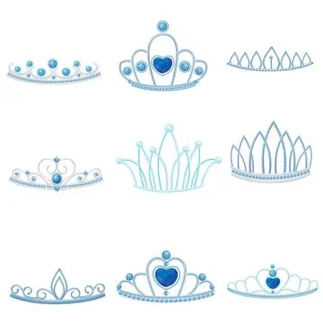 Set of different silver crowns with large and small jewel of sapphires. Vector 스톡 일러스트