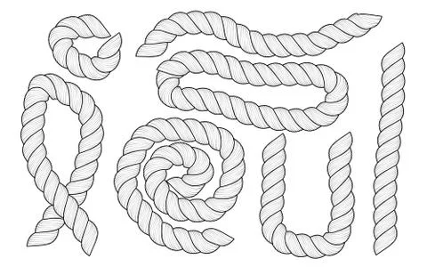 Set of different size and shapes white ropes are isolated on white background. Stock Illustration