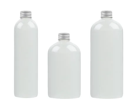 Set of different size plastic tall, low and thick bottles with water, silver  Stock Photos