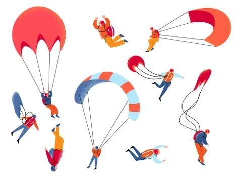 Set of different skydivers characters flying with parachutes. Vector Illustrazione stock