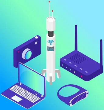 Set of different smart computer gadgets. Virtual reality glasses wi fi router Stock Illustration