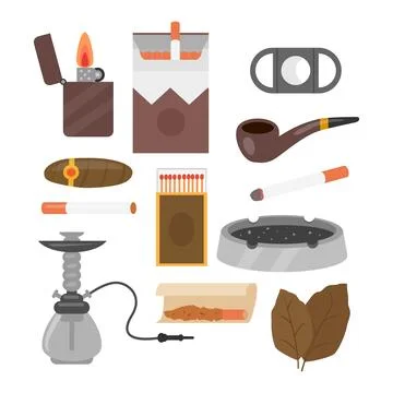 Set of different smoking accessories object collection, Cigarettes. Lighter.. Stock Illustration