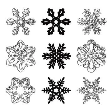 Set of different snowflakes isolated on a white background. Sketch Stock Illustration