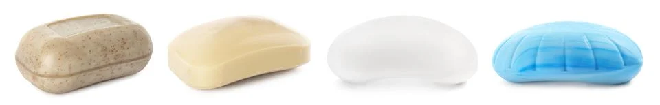 Set of different soap bars on white background. Banner design Foto stock