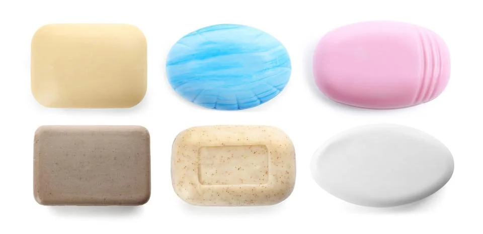 Set of different soap bars on white background, top view 스톡 사진