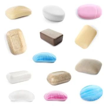 Set of different soap bars on white background Foto stock