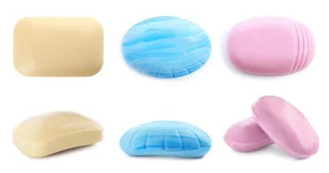 Set with different soap bars on white background 写真素材