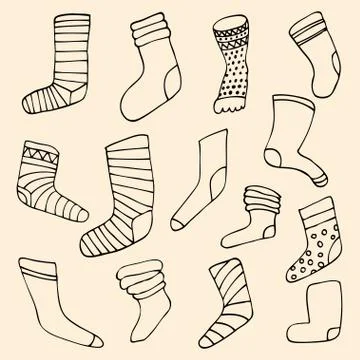 Set of different socks in circle. Round shape made of hand drawn イラスト素材