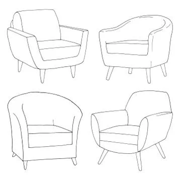 Set of different soft armchairs. Linear sketch. Vector illustration. Stock Illustration