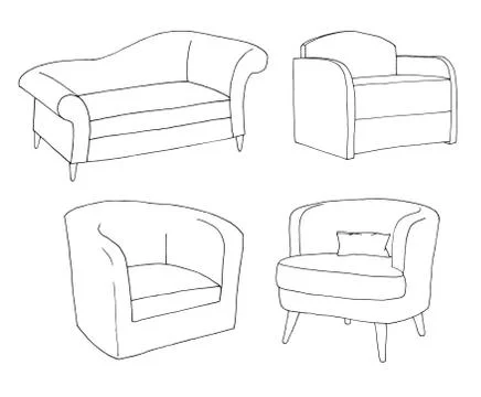 Set of different soft armchairs. Linear sketch. Vector illustration. Stock Illustration