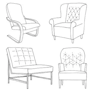 Set of different soft armchairs. Linear sketch. Vector illustration. Stock Illustration