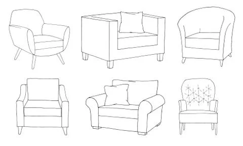 Set of different soft armchairs. Linear sketch. Vector illustration. Stock Illustration