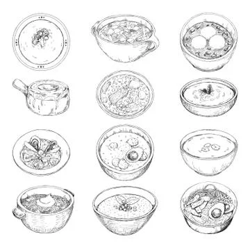 Set of different soups. Vector illustration in sketch style Stock Illustration
