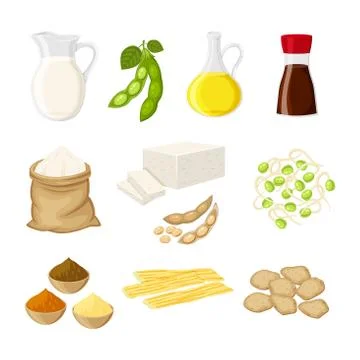 Set of different soy product in a flat cartoon style milk, oil, soy sauce, flour Stock Illustration